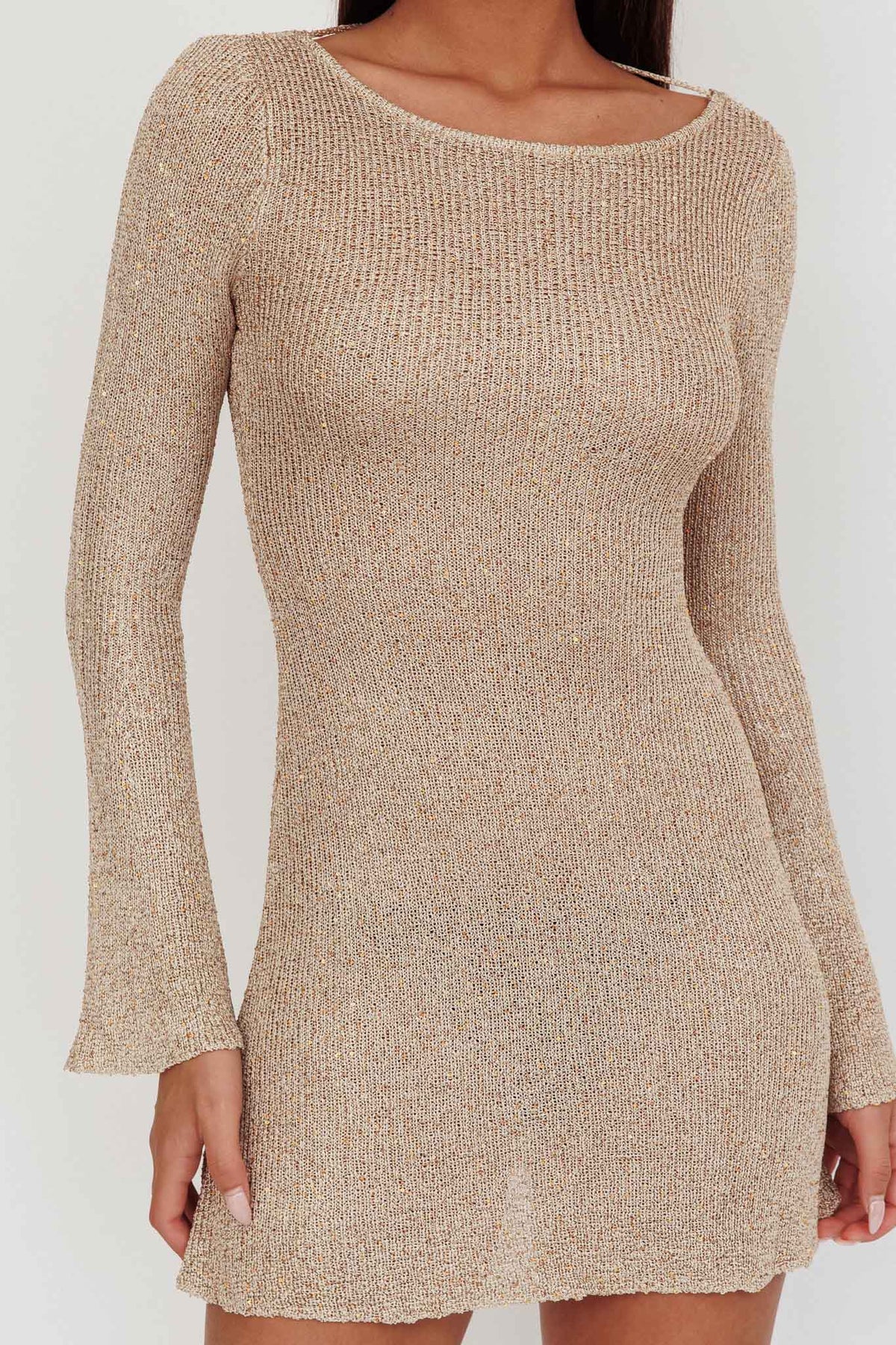 Cosmic Scoop Back Sequin Knit Mini Dress Gold