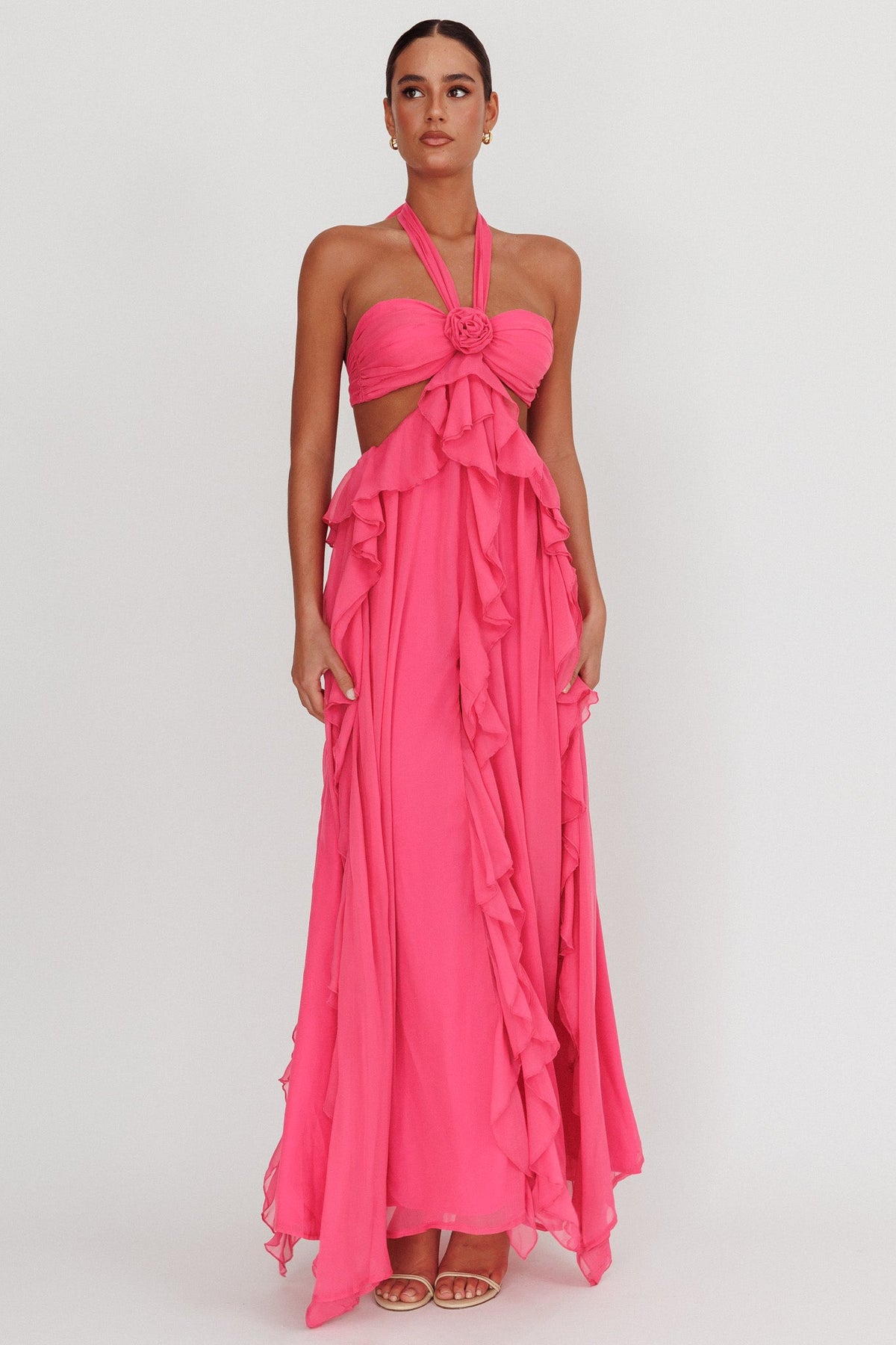 Santiago Cut-Out Ruffle Maxi Dress Fuchsia