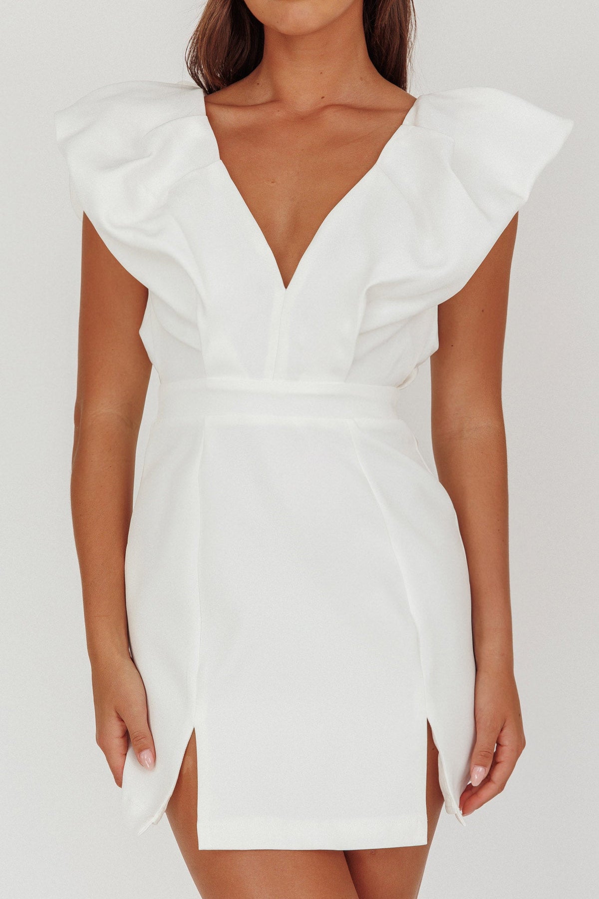 Liardon Bubble Sleeve V-Neckline Mini Dress White