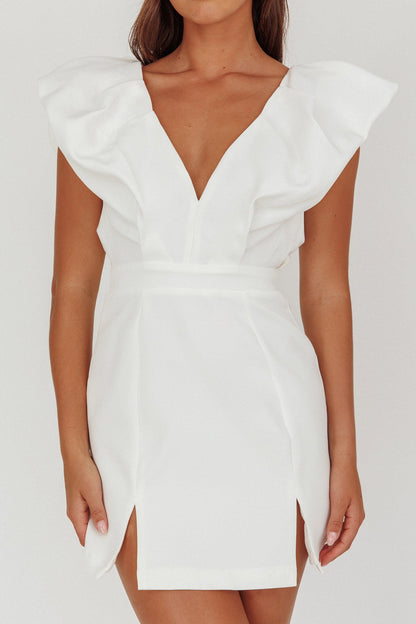 Liardon Bubble Sleeve V-Neckline Mini Dress White