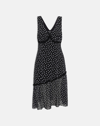 Sovira Midi Dress in Chiffon Black with Tiny Polka Print