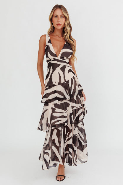 Veda Strappy Back Ruffle Maxi Dress Print Black