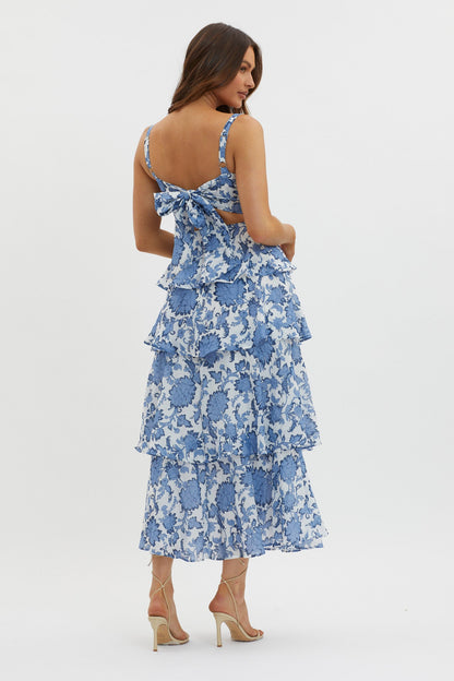 Provence Bloom Tiered Maxi Dress Floral Blue