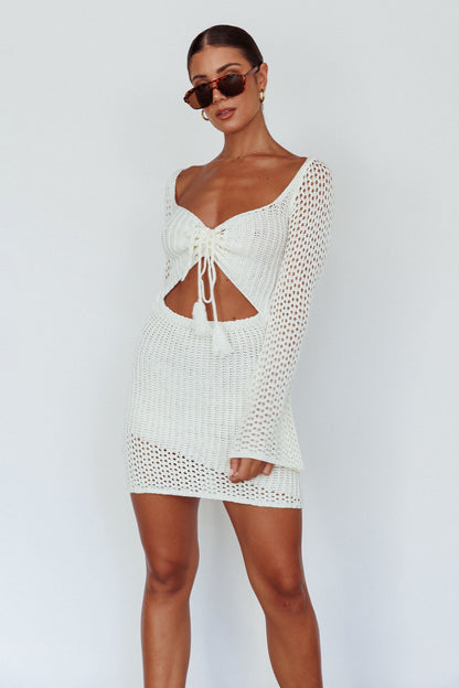 Jamaica Bell Sleeve Crochet Mini Dress White