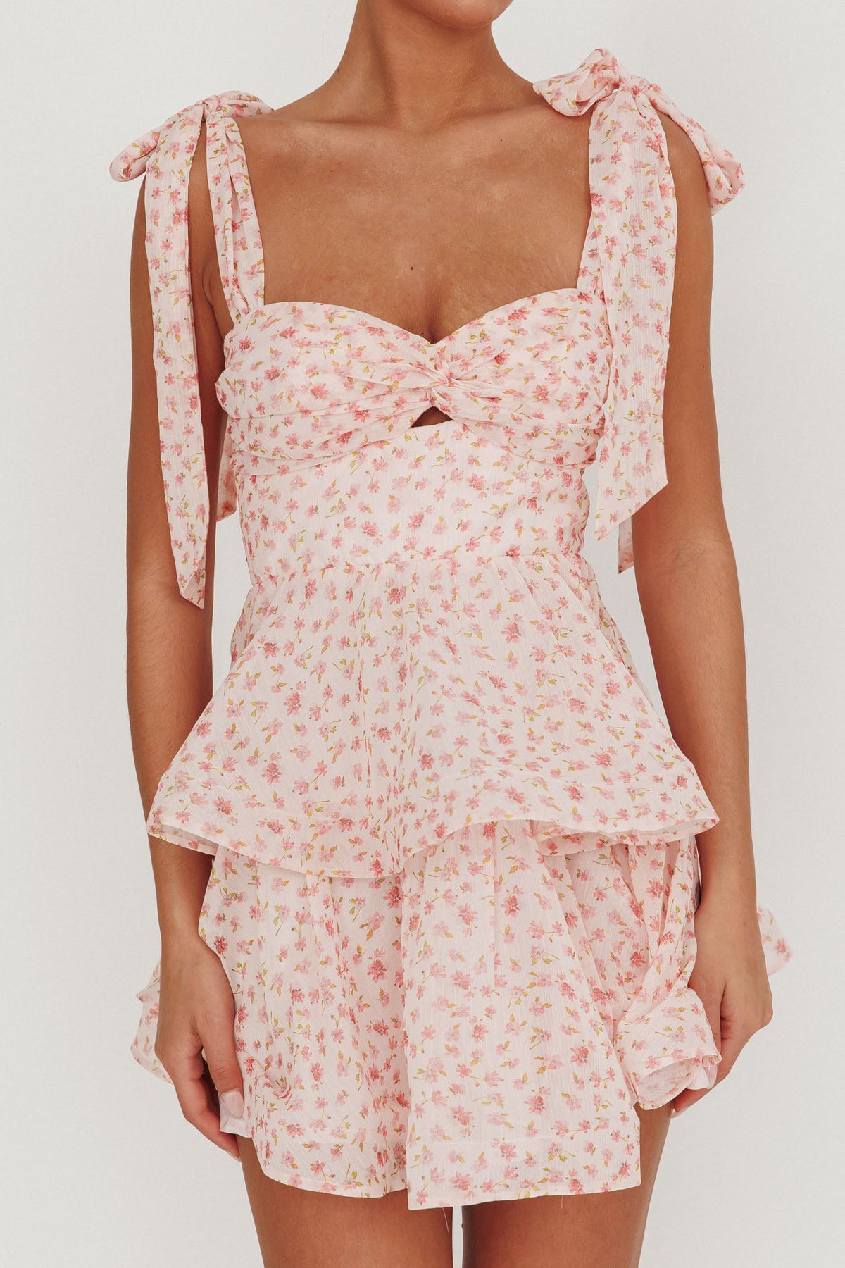 Oliana Tied Shoulder Tiered Mini Dress Peach