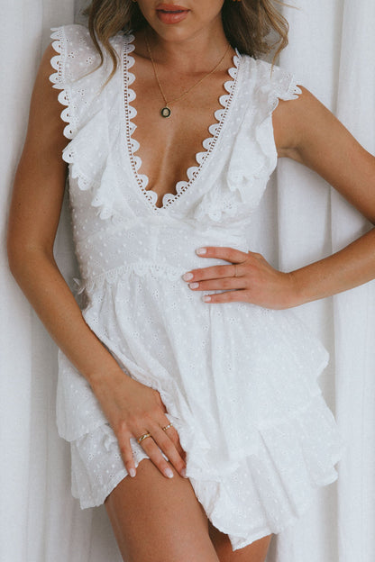 Charade Ruffle Shoulder Corset Back Eyelet Dress White