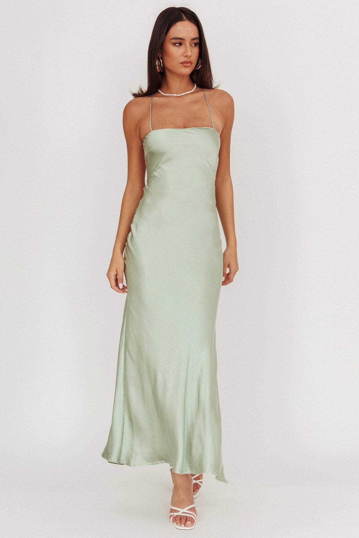 Dolce Life Backless Satin Maxi Dress Sage