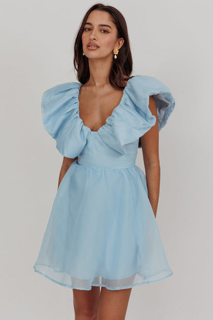 Kahlo Ruffle Neckline Mini Dress Blue
