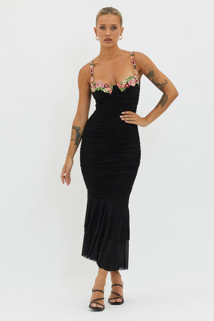 Rose Garden Ruched Mesh Midi Dress Black