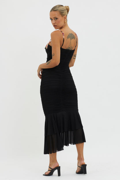 Rose Garden Ruched Mesh Midi Dress Black