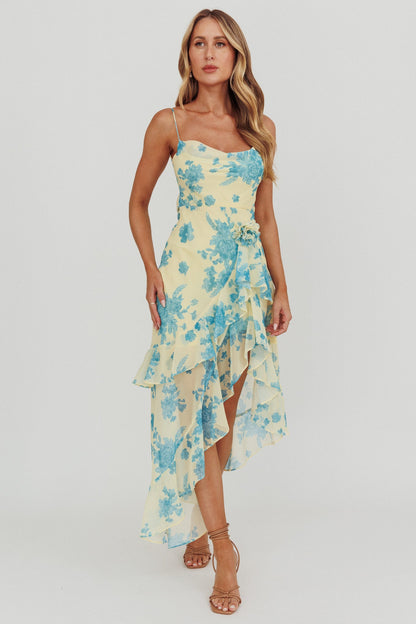 Chances Rosette Ruffle Midi Dress Floral Lemon