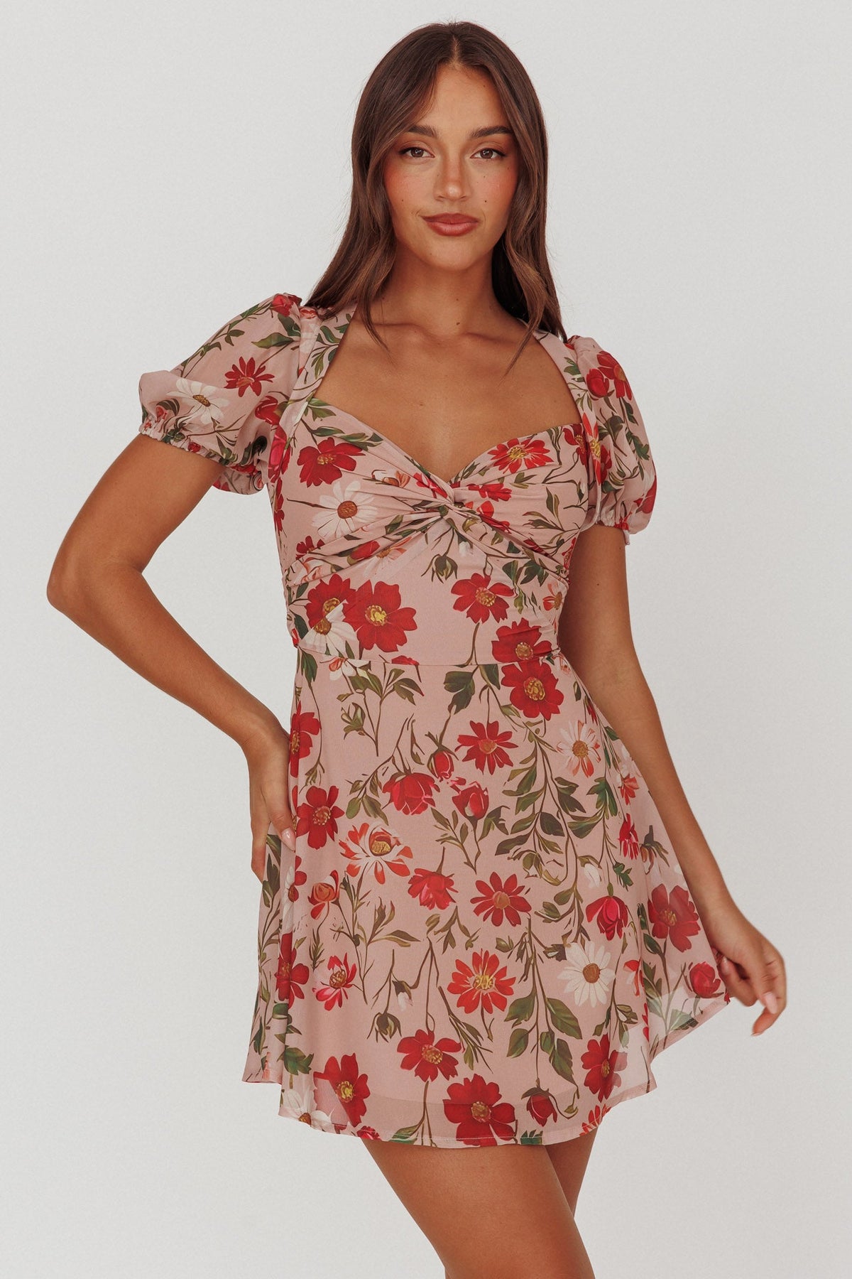 Dillon Twist Bust Mini Dress Floral Beige