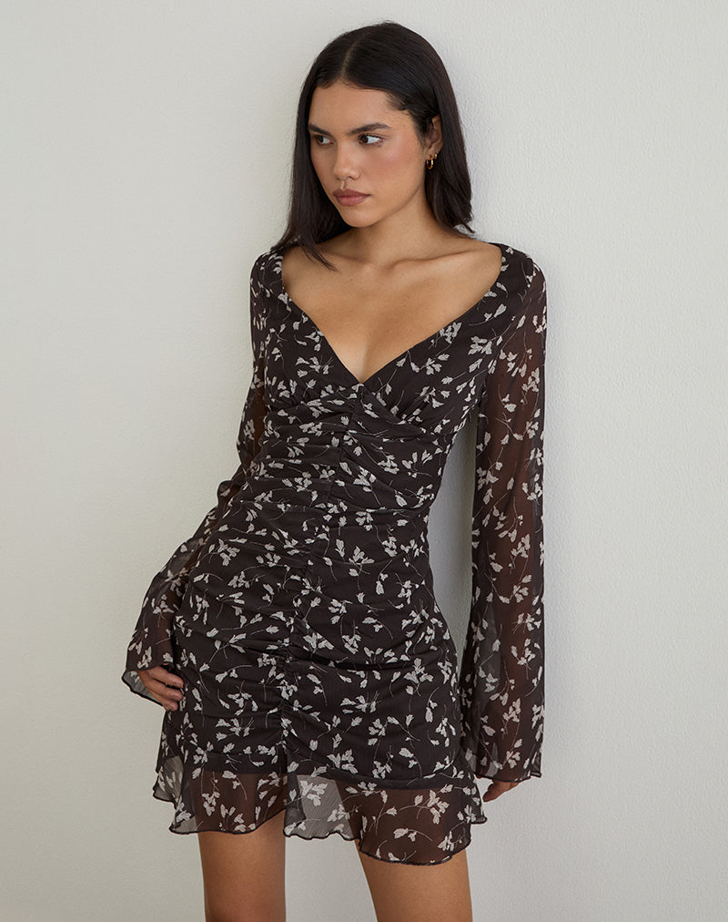 Sumiko Mini Dress in Flower Chiffon Brown