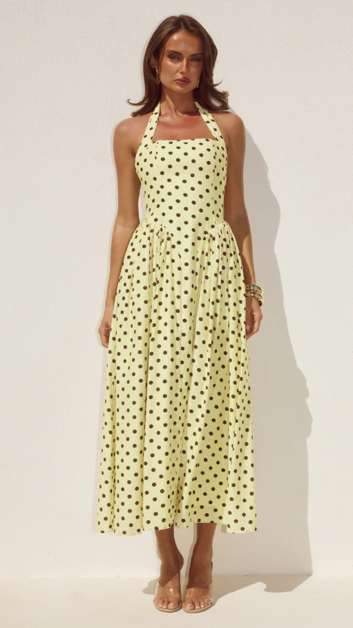 Sammi Halter Midi Dress - Lemon/Choc Polka