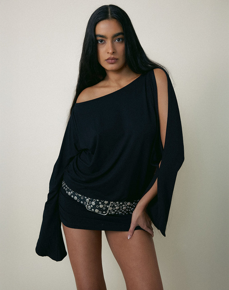 Sybe Cut Batwing Sleeve Mini Dress in Black