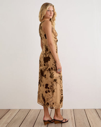 Tana Cowl Maxi Dress in Floral Devore Beige