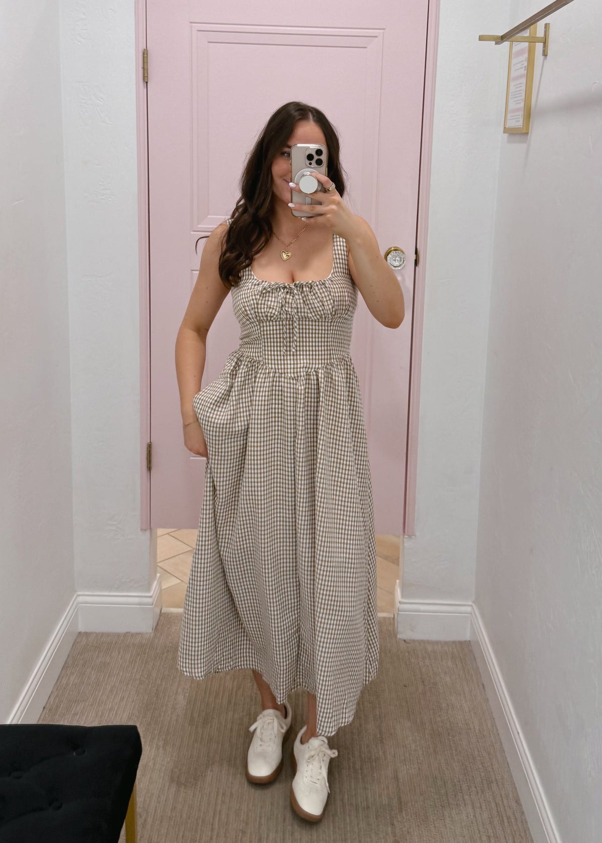 Gingham flowy brown bow midi dress