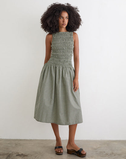 Undine Midi Dress in Mini Gingham Dark Green