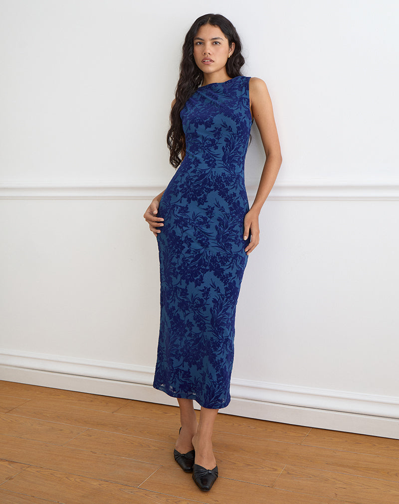 Ventura Maxi Dress in Midnight Leaf Flock Navy