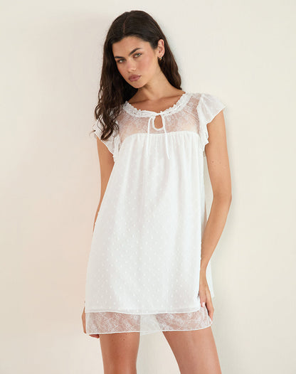 Yagis Smock Mini Dress in Dobby Chiffon White Lace
