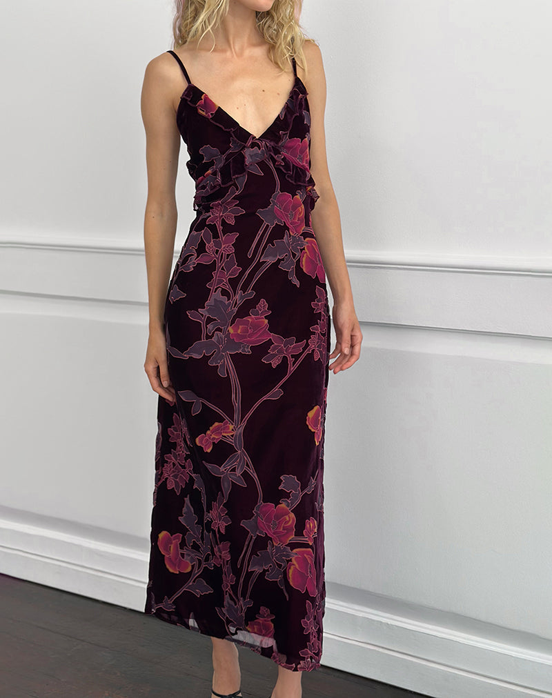 Yamira Maxi Dress in Floral Devore Burgundy
