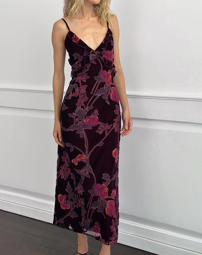 Yamira Maxi Dress in Floral Devore Burgundy