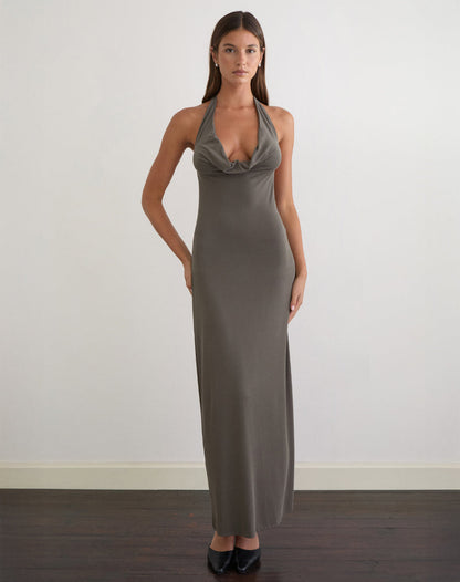 Zarya Maxi Dress in Cupro Grey Khaki