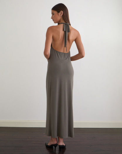 Zarya Maxi Dress in Cupro Grey Khaki