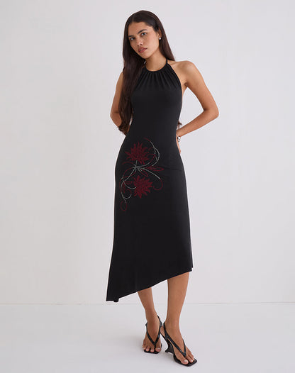Zavine Midi Dress in Cupro Diamante Flower Black