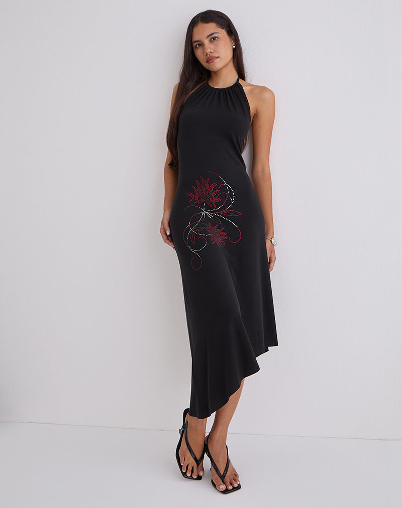 Zavine Midi Dress in Cupro Diamante Flower Black