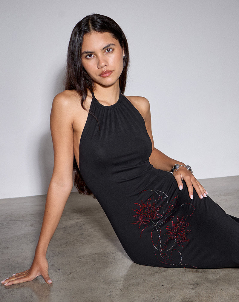Zavine Midi Dress in Cupro Diamante Flower Black
