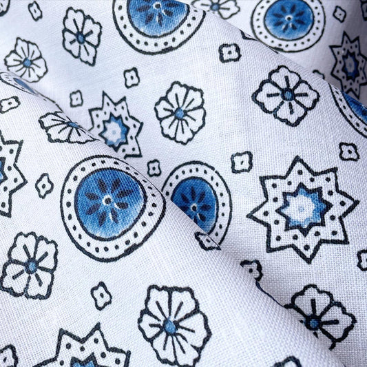 Amina: Indigo Block Printed Tiles on Belgian Linen / Home Decor and Upholstery Fabric by the Yard or Fat Quarter - Annabel Bleu