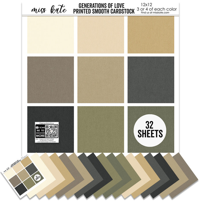 Generations of Love Cardstock, main product image, showing 12x12 printed smooth cardstock for scrapbook page bases, photo mats, card making, die cutting, titles, borders, and layered paper projects. Buyer theme: Ivory Olive & Black Printed Smooth Cardstock. Generations of Love Printed Smooth Cardstock in coordinating ivory, cream, tan, taupe, khaki, charcoal, black, olive and moss tones. Coordinating patterns include Vintage floral repeats, Family relationship typography, Polka dots