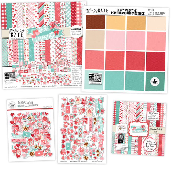 Be My Valentine Bundle, main product image, showing complete coordinated paper craft set with 12x12 papers, 6x6 papers, cardstock, die cuts, and stickers for layouts, cards, albums, journals, and keepsakes. Buyer theme: Complete Valentine Scrapbook Bundle for Memories. Be My Valentine complete scrapbook bundle with 12x12 paper, 6x6 designs, cardstock, die cuts and stickers in a romantic red, pink, aqua and teal palette