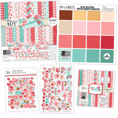 Be My Valentine Bundle, main product image, showing complete coordinated paper craft set with 12x12 papers, 6x6 papers, cardstock, die cuts, and stickers for layouts, cards, albums, journals, and keepsakes. Buyer theme: Complete Valentine Scrapbook Bundle for Memories. Be My Valentine complete scrapbook bundle with 12x12 paper, 6x6 designs, cardstock, die cuts and stickers in a romantic red, pink, aqua and teal palette