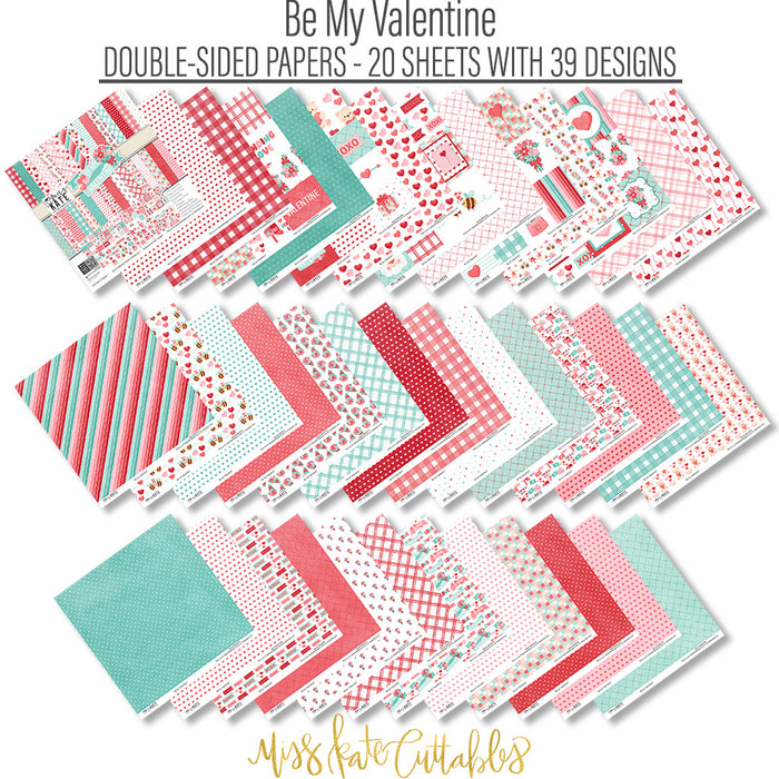 Be My Valentine Paper & Sticker Kit, paper and sticker kit spread out image, showing 12x12 scrapbook paper and coordinating stickers for scrapbook layouts, photo albums, memory keeping, cards, and paper crafts. Buyer theme: Valentine's Day Scrapbook Paper & Sticker Kit. Be My Valentine Paper & Sticker Kit with hearts, mailboxes, envelopes, balloons, teddy bears, bees, floral bouquets, gifts, candy jars, gumball machines and red, pink, aqua and teal Valentine patterns