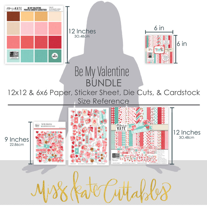 Be My Valentine Bundle, size guide image, showing complete coordinated paper craft set with 12x12 papers, 6x6 papers, cardstock, die cuts, and stickers for layouts, cards, albums, journals, and keepsakes. Buyer theme: Complete Valentine Scrapbook Bundle for Memories. Be My Valentine complete scrapbook bundle with 12x12 paper, 6x6 designs, cardstock, die cuts and stickers in a romantic red, pink, aqua and teal palette. Designed for Friendship memory keeping, Card making, Mini albums