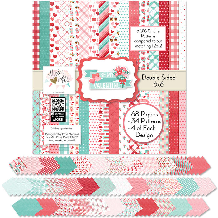 Be My Valentine 6x6 Double-Sided Paper Pack, 6x6 cover and paper spread out image, showing 6x6 scrapbook paper for handmade cards, mini albums, junk journals, paper layering, small-scale layouts, and coordinated paper crafts. Buyer theme: Valentine 6x6 Paper for Cards & Mini Albums. Be My Valentine 6x6 Double-Sided Paper Pack with scaled hearts, plaids, gingham, XOXO blocks, flowers, bees, mailboxes and Valentine patterns for cards and mini albums