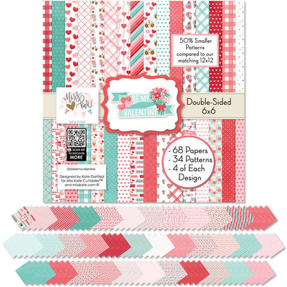 Be My Valentine 6x6 Double-Sided Paper Pack, 6x6 cover and paper spread out image, showing 6x6 scrapbook paper for handmade cards, mini albums, junk journals, paper layering, small-scale layouts, and coordinated paper crafts. Buyer theme: Valentine 6x6 Paper for Cards & Mini Albums. Be My Valentine 6x6 Double-Sided Paper Pack with scaled hearts, plaids, gingham, XOXO blocks, flowers, bees, mailboxes and Valentine patterns for cards and mini albums
