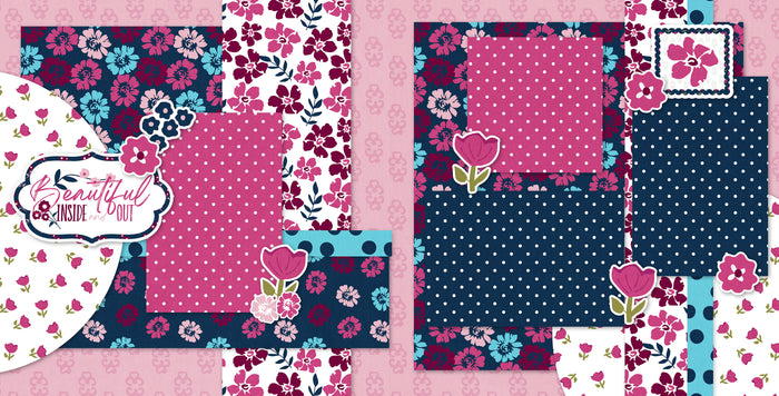 Beautiful Inside and Out scrapbook kit includes two 12x12 pages with photo mats, floral patterned papers, tulip accents, polka dot layering pieces, and coordinated die-cut embellishments such as flowers, quotes, and scalloped frames Perfect for spring layouts birthdays Mother's Day or any sweet heartfelt memory crafting project using DIY paper supplies