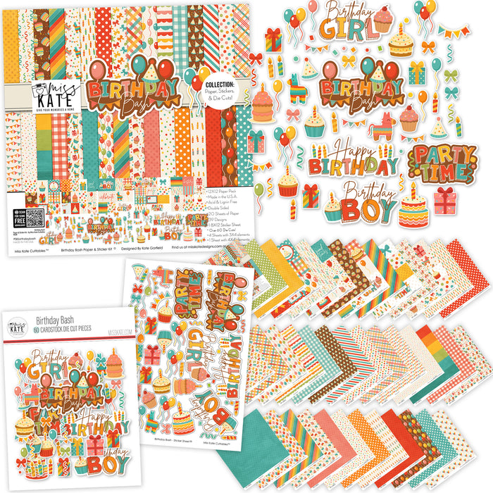Birthday Bash Collection, main product image, showing coordinated Paper & Sticker Kit, full-size Die Cuts, and Sticker Sheet for scrapbook layouts, memory albums, cards, journals, and keepsakes. Buyer theme: Coordinated Birthday Scrapbook Collection. Birthday Bash coordinated paper crafting collection with paper, stickers and die cut embellishments for birthday memories. Coordinating patterns include Rainbow diagonal stripes, Birthday plaid and gingham, Colorful party dots