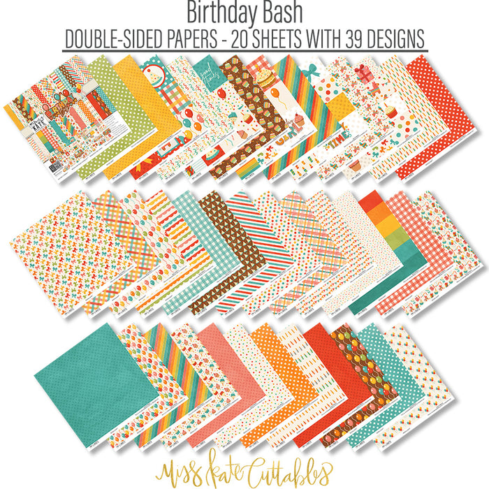 Birthday Bash Paper & Sticker Kit, paper and sticker kit spread out image, showing 12x12 scrapbook paper and coordinating stickers for scrapbook layouts, photo albums, memory keeping, cards, and paper crafts. Buyer theme: Birthday Party 12x12 Scrapbook Paper & Sticker Kit. Birthday Bash Paper & Sticker Kit with colorful birthday papers, party icon artwork, journaling elements and coordinating stickers. Coordinating patterns include Balloon toss patterns, Cake and cupcake toss, Candle rows