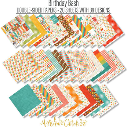 Birthday Bash Paper & Sticker Kit, paper and sticker kit spread out image, showing 12x12 scrapbook paper and coordinating stickers for scrapbook layouts, photo albums, memory keeping, cards, and paper crafts. Buyer theme: Birthday Party 12x12 Scrapbook Paper & Sticker Kit. Birthday Bash Paper & Sticker Kit with colorful birthday papers, party icon artwork, journaling elements and coordinating stickers. Coordinating patterns include Balloon toss patterns, Cake and cupcake toss, Candle rows