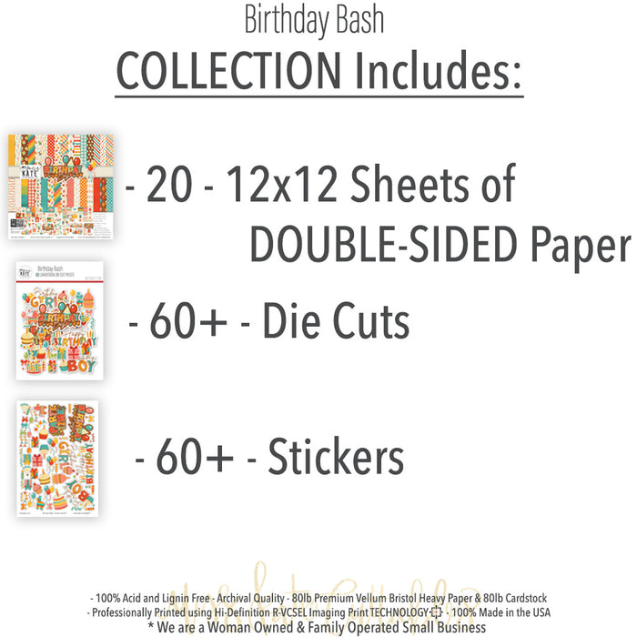Birthday Bash Collection, includes image, showing coordinated Paper & Sticker Kit, full-size Die Cuts, and Sticker Sheet for scrapbook layouts, memory albums, cards, journals, and keepsakes. Buyer theme: Coordinated Birthday Scrapbook Collection. Birthday Bash coordinated paper crafting collection with paper, stickers and die cut embellishments for birthday memories. Visible artwork includes Birthday candles, Party hats and pinata, Pennant banners, Curly streamers and confetti