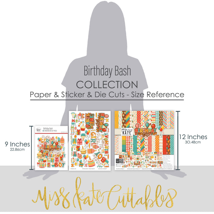 Birthday Bash Collection, size guide image, showing coordinated Paper & Sticker Kit, full-size Die Cuts, and Sticker Sheet for scrapbook layouts, memory albums, cards, journals, and keepsakes. Buyer theme: Coordinated Birthday Scrapbook Collection. Birthday Bash coordinated paper crafting collection with paper, stickers and die cut embellishments for birthday memories. Coordinating patterns include Balloon toss patterns, Cake and cupcake toss, Candle rows