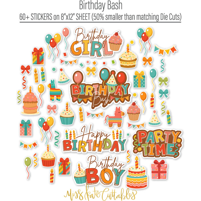 Birthday Bash Stickers, alternate sticker sheet spread out image, showing coordinating scrapbook stickers for layouts, planners, journals, cards, memory albums, titles, and quick finishing details. Buyer theme: Birthday Scrapbook Stickers & Planner Accents. Birthday Bash Sticker Sheet with scaled birthday artwork for scrapbook pages, planners, journals, cards and quick celebration accents. Coordinating patterns include Star textures, Balloon toss patterns, Cake and cupcake toss