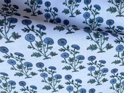 Block Printed Blue Floral on Heavyweight Linen / Home Decor and Upholstery Fabric by the Yard - Annabel Bleu