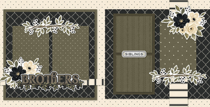 Two-page Brothers scrapbook layout featuring black cream floral clusters, olive green leaves, cream roses, black flowers, berry sprigs, leafy floral borders, brothers title die cut, siblings label die cut. Designed for Brother Memories, Brother Scrapbook Page Kit, black diamond lattice pattern, cream polka dot border, olive polka dot paper, black cream stripe accents, olive tone photo mats, layered floral corners, neutral masculine palette, botanical sibling theme.