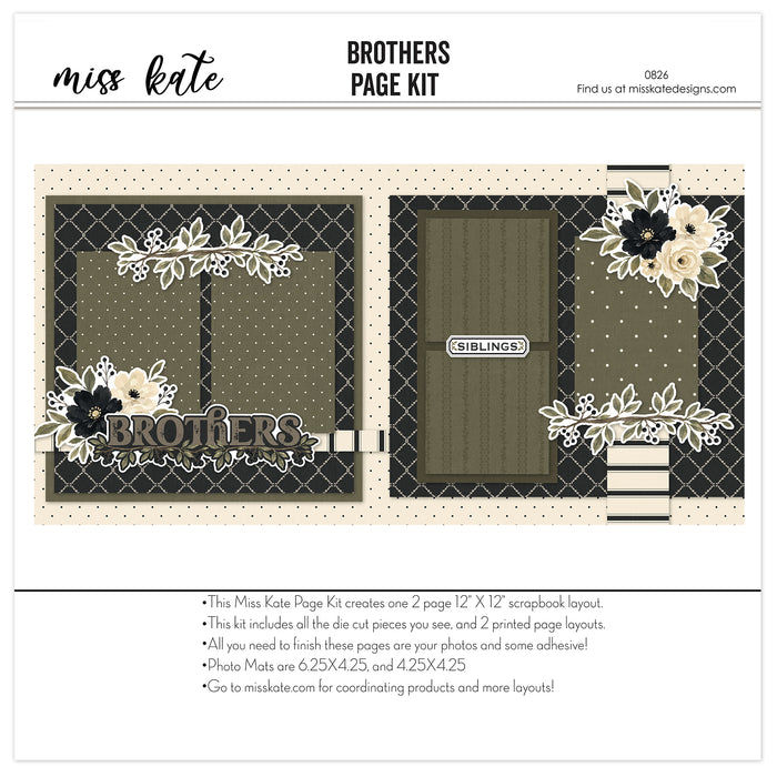 Brothers 12x12 scrapbook page kit shown with olive green leaves, cream roses, black flowers, berry sprigs, leafy floral borders, brothers title die cut, siblings label die cut, black diamond lattice pattern. Designed for Brother Scrapbook Page Kit, Brothers Family Scrapbook Layout, cream polka dot border, olive polka dot paper, black cream stripe accents, olive tone photo mats, layered floral corners, neutral masculine palette, botanical sibling theme, black cream floral clusters.