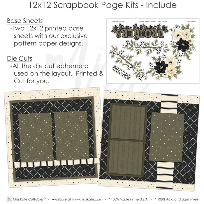 Detailed Brothers scrapbook design featuring black flowers, berry sprigs, leafy floral borders, brothers title die cut, siblings label die cut, black diamond lattice pattern, cream polka dot border, olive polka dot paper. Designed for Sibling Memories Scrapbook Kit, Brother Photo Album Pages, black cream stripe accents, olive tone photo mats, layered floral corners, neutral masculine palette, botanical sibling theme, black cream floral clusters, olive green leaves, cream roses.